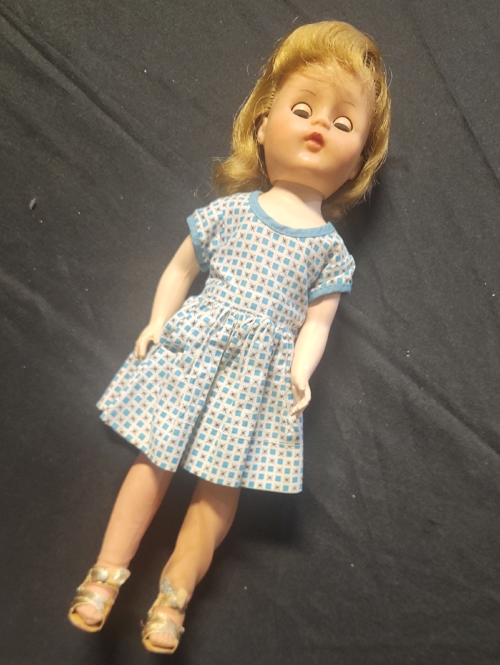 Vintage Blonde Doll in Blue and White Patterned Dress